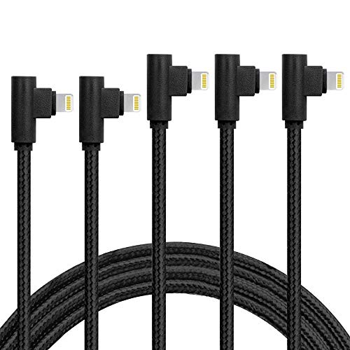 Product Cover 5 Pack(3/6/6/10/10FT) Right Angle Phone Cable Fast Charger Nylon Braided Data Cord 90 Degree Elbow for Game Video Compatible with Compatible with Phone Xs XR X 8 7 6 Plus (Black)