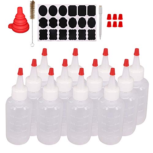 Product Cover Belinlen 12 Pack 4-Ounce Plastic Squeeze Bottles with Red Tip Caps and Measurement - Good for Crafts, Art, Glue, Multi Purpose Set of 12 with Extra 18 Chalk Labels 6 Red Cap and 1 Pen