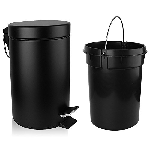 Product Cover H+LUX Bathroom Trash Can with Lid Soft Close, Round Mini Trash Can with Removable Inner Wastebasket and and Stainless Steel Foot Pedal, Anti-Fingerprint Matt Finish, 0.8 Gallon/3 Liter, Black