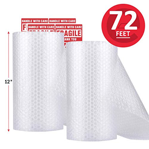 Product Cover enKo (2 Pack) 12 inch x 72 feet Bubble Cushioning Wrap Roll Perforated 20 Fragile Sticker Labels for Moving Shipping Packing Boxes Supplies