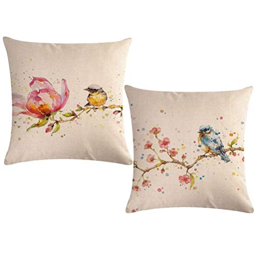 Product Cover Watercolor Painting Throw Pillow Covers Birds On The Tree With Spring Pink Flowers Pillow Covers Home Decorative Square Pillowcase 18