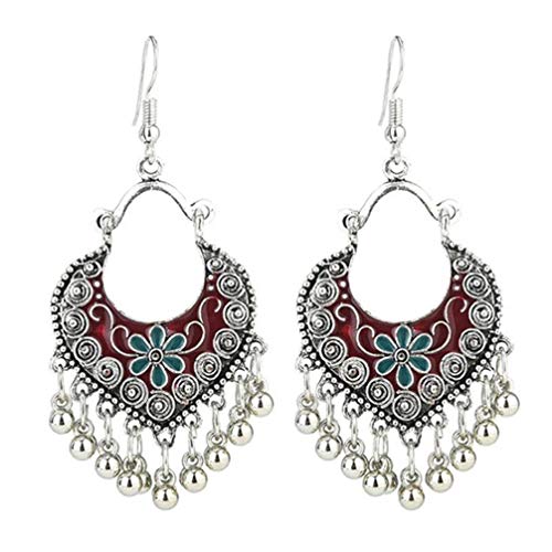 Product Cover Myhouse Vintage Ethnic Style Fan-Shaped Flower Drop Glaze Metal Earrings Charm Gift, Red