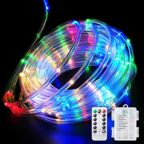 Product Cover Fitybow 40FT 120 LED Rope Lights,Battery Operated String Lights 8 Modes Fairy Lights with Remote Timer,Outdoor Decoration Lighting for Garden Patio Party,Weddings,Christmas Décor (Multi-Color)