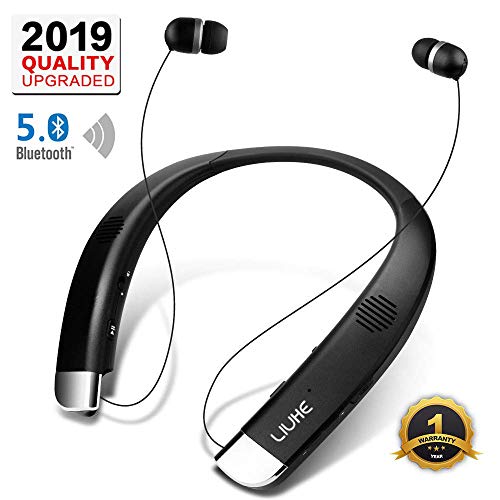 Product Cover [Newest V5.0] Bluetooth Headphones Speaker 2 in 1,LIUHE Neckband Portable Wireless Headset Wearable Speaker True Stereo Sound Sweatproof Headphones with Retractable Earbuds Built-in Microphone