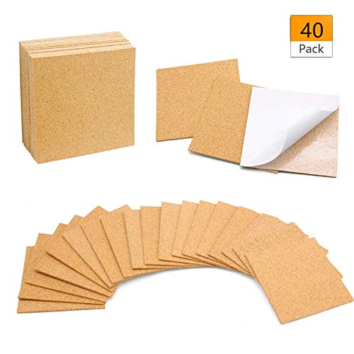 Product Cover Self-Adhesive Cork Coasters Squares 40 Pcs, 4 x 4 Inch Mini Wall Cork Tiles Cork Backing Sheets for Coasters and DIY Crafts