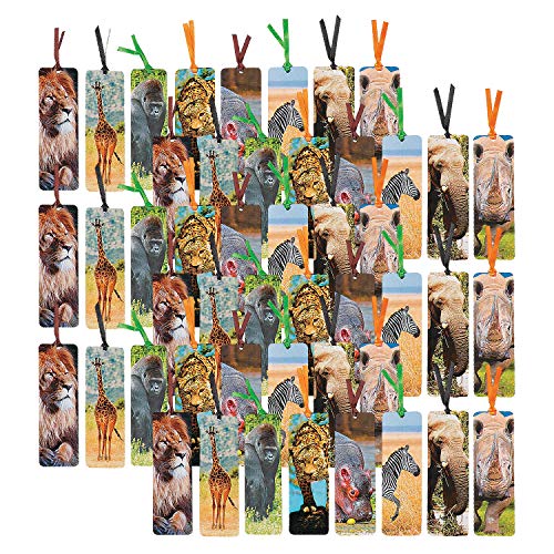 Product Cover Fun Express Laminated Safari Animal Bookmarks | 48 Count | Great for School/Classroom Giveaways, Book Club Tokens, Birthday Party Prizes & Favors