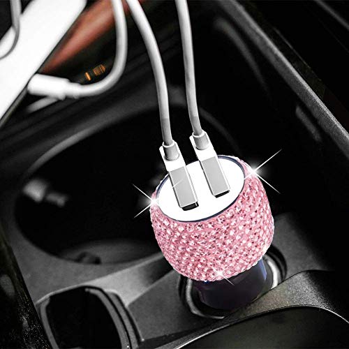 Product Cover Dual USB Car Charger Bling Bling Handmade Rhinestones Crystal Car Decorations for Fast Charging Car Decors Pink for iPhone, iPad Pro/Air 2/Mini, Samsung Galaxy Note 9 8 S9 S9+,LG, Nexus, HTC, etc