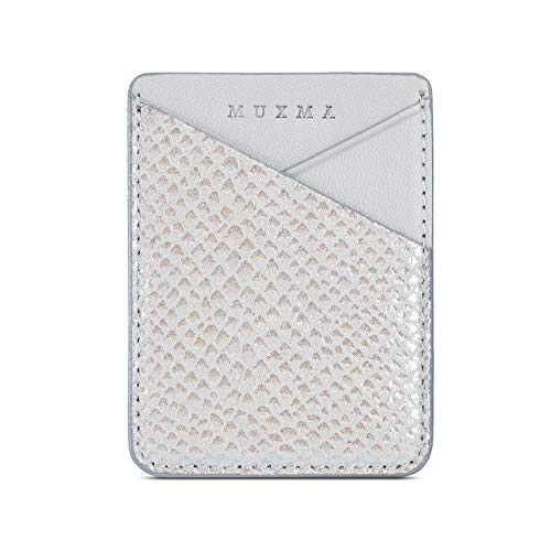 Product Cover Fusicase Phone Card Holder Wallet Sticky Phone Wallet PU Leather Wallet with Glossy Holographic Gradient Ramp Snake Skin Design Pocket Pouch Sleeve Slim Sticky Wallet for Back of Phone Case Silver