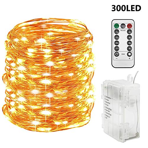 Product Cover Twinkle Star 300 LED 99 FT Copper Wire String Lights Battery Operated 8 Modes with Remote, Waterproof Fairy String Lights for Indoor Outdoor Home Wedding Party Decoration, Warm White