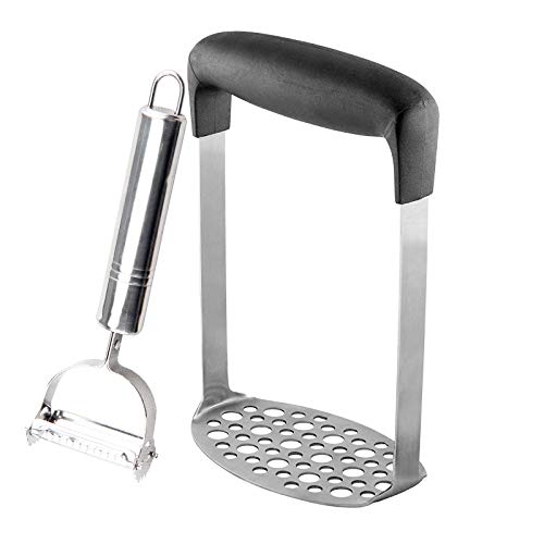 Product Cover Potato Masher with Fine Mesh Platter and Ergonomic Horizontal Handle and Multi-Function Vegetable Peeler, Potato Stainless Steel Grinder for Mashed Potatoes, Vegetables and Fruits