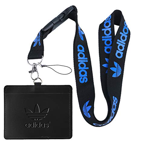 Product Cover Adidas Black Faux Leather Business ID Badge Card Holder with (Black with Blue) Keychain Lanyard