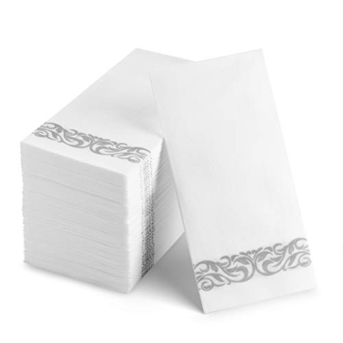 Product Cover 100 Disposable Guest Towels Soft and Absorbent Linen-Feel Paper Hand Towels Durable Decorative Bathroom Hand Napkins Good for Kitchen, Parties, Weddings, Dinners or Events White and Silver