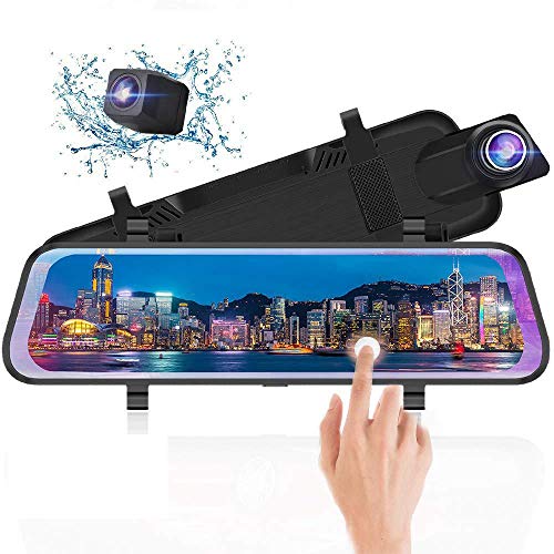 Product Cover 10 Inch Mirror Dash Cam Full Touch Screen, Poaeaon Backup Camera Stream Media, 1080P 170° Front and 1080P 150° Wide Angle Full HD Rear View Camera with G-Sensor, Night Vision