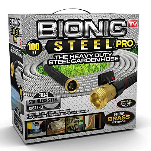 Product Cover Bionic Steel PRO Garden Hose - 304 Stainless Steel Metal 100 Foot Garden Hose - Heavy Duty Lightweight, Kink-Free, and Stronger Than Ever with Brass Fittings and On/Off Valve - 2019 Model