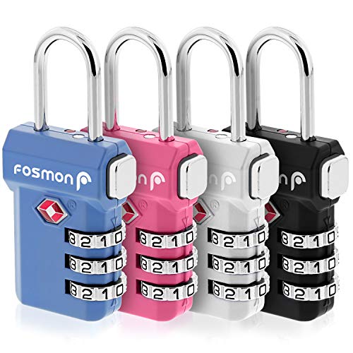 Product Cover Fosmon TSA Approved Luggage Locks, (4 Pack) Open Alert Indicator 3 Digit Combination Padlock Codes with Alloy Body and Release Button for Travel Bag, Suit Case and Luggage - Blue, Pink, Silver, Black