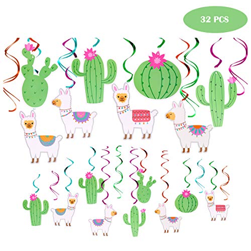 Product Cover 32PCS Llama Cactus Hanging Swirl Decorations, Llama Themed Birthday Party Supplies, Bolivian Peru Alpaca Party Cactus Baby Shower Succulent Party Home Decor
