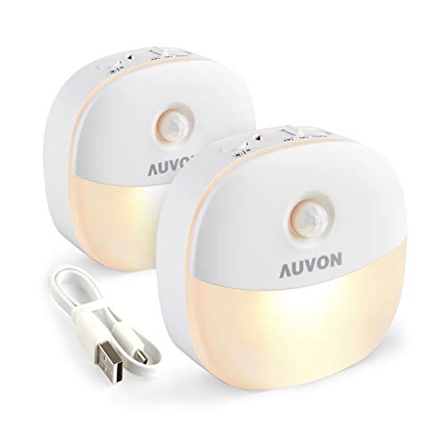 Product Cover AUVON Rechargeable Motion Sensor Night Light, Warm White LED Stick-On Closet Light with Dusk to Dawn Sensor, Adjustable Brightness for Wall, Stairs, Cabinet, Hallway (2 Pack)