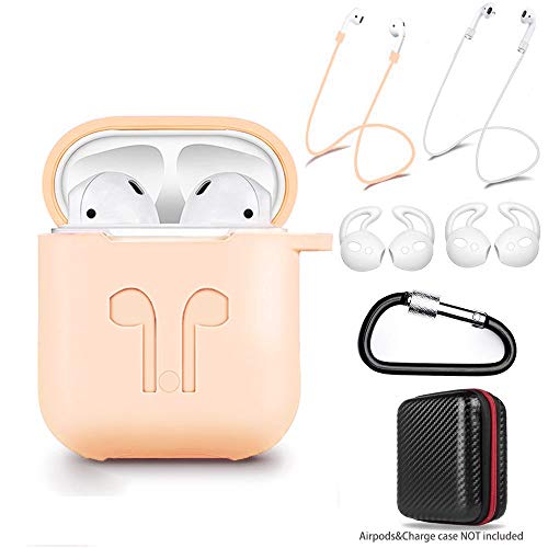 Product Cover DZANHOT AirPods Case 7 in 1 Airpods Accessories Kits Protective Silicone Cover and Skin for Airpods Charging Case with Ear Hook Airpods Staps/Skin/Tips/Keychain Shallow Walnut