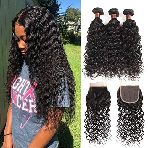 Product Cover 8A+ Brazilian Water Wave Bundles with Closure (12 14 16+10) 100% Virgin Human hair 3 Bundles With Closure Free Part Unprocessed Wet and Wavy Human Hair Extensions Natural Color