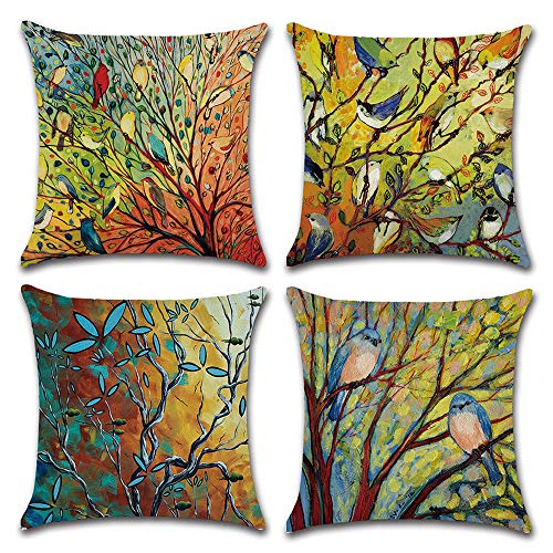 Product Cover DUSEN Decorative Cotton Linen Set of 4 Throw Pillow Cushion Covers 18 x 18 inch for Sofa, Bench, Bed, Auto Seat (Oil Painting Vivid Birds and Trees Branch Pattern)