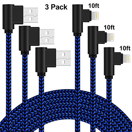 Product Cover 90 Degree Lightning Cable 10ft Right Angle iPhone Charging Cable 10 Feet 3 Pack Nylon Braided Charger Cord Compatible with iPhone X/8/8 Plus/7/7 Plus/6/6 Plus/5/5s/5c (Blue Black, 10 Feet)