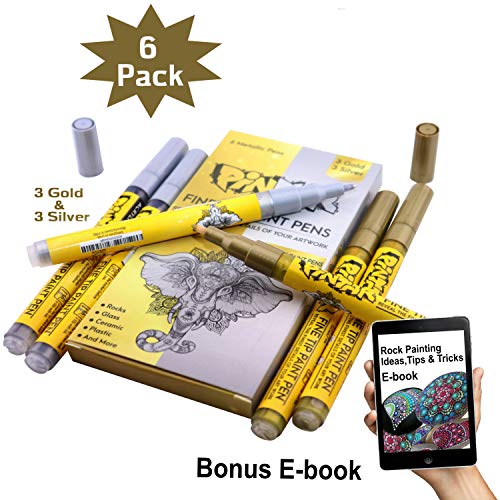 Product Cover PINTAR - 3 Gold And 3 Silver Acrylic Fine Tip Paint Pens For Rock Painting Art - (6 Pack) Vibrant Colors for Wood, Glass, Metal and Ceramic - Water Resistant and Quick Drying Ink For Arts & Crafts