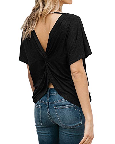 Product Cover BYSBZD Women's Backless Short Sleeve Top Sexy Modal Open Back Knotted T-Shirt Yoga Tops