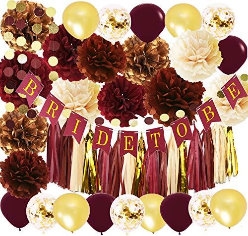 Product Cover Wine Burgundy Champagne Gold Bridal Shower Decorations/Fall Wedding Decorations Big Size Burgundy Tissue Pom Pom Maroon Gold Ballons Bride to Be Banner Burgundy Wedding Party Decorations