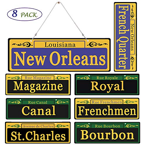 Product Cover 2020 Mardi Gras Decorations New Orleans Street Signs 8 Pack Ornaments - 1:1 Size Duplex Printed PVC Made Mardi Gras Party Table Decor, with Extra Metal Chain for Outdoor Carnival Hanging