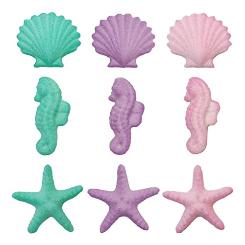 Product Cover Shimmering Pink, Purple, Teal Seahorses, Starfish & Shells Edible Sugar Cake & Cupcake Decorations 12 Count - National Cake Supply