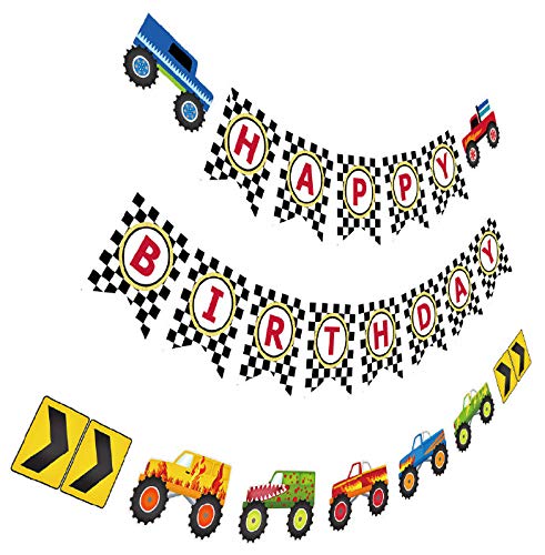 Product Cover Monster Truck Birthday Banner, Cars Trucks Birthday Sign with Garland, Vehicle Boy Birthday Bunting