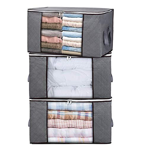 Product Cover Housecraft 3PCS Clothes Storage Bags Thick Foldable Organizer Storage Bins for Clothes Blanket Closet Bedrooms, with Large Clear View Window & Carry Handles