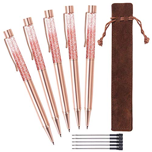 Product Cover ZZTX 5 Pcs Rose Gold Ballpoint Pens Metal Pen Bling Dynamic Liquid Sand Pen with Refills Black Ink Office Supplies Gift Pens for Christmas Wedding Birthday, with 5 Pcs Velvet Gift Pouch