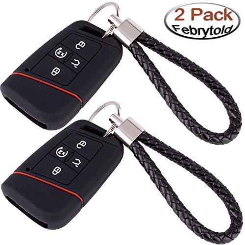 Product Cover Febrytold 2 Pcs Silicone Car Key Cases for VW Passat Tiguan 2018 2019, Black 4 Buttons Remote Fob Key Cover for 2018 2019 VW Alltrack Atlas Golf with 2 Pcs Black Braided Car Keychains