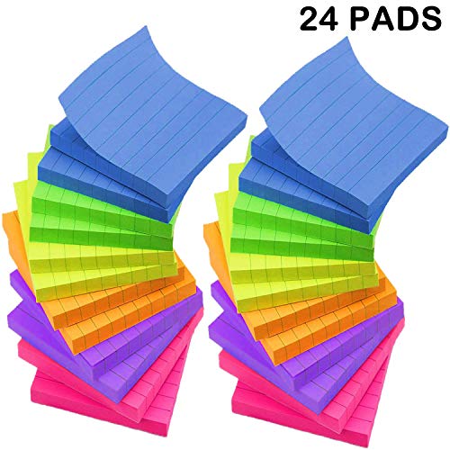 Product Cover Lined Sticky Notes 3x3 Inches - 6 Bright Color Self-Stick Notes - 24 Pads/Pack, 70 Sheets/Pad - Easy Post Notes for Office, School, Study, Home, Daily Life (Yellow, Green, Blue, Orange, Pink, Purple)