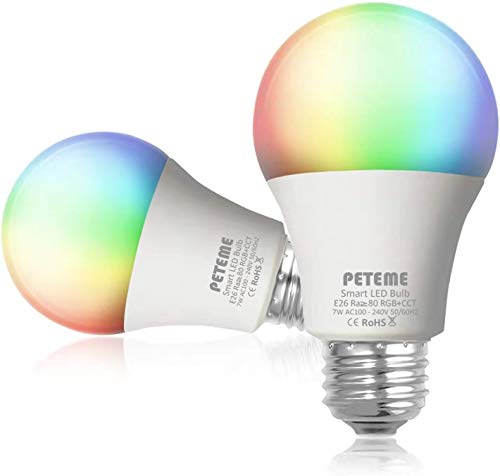 Product Cover Smart LED Light Bulb 2.4G(Not 5G) E26 WiFi Multicolor Light Bulb Work with Siri,Alexa, Echo, Google Home and IFTTT (No Hub Required), Peteme A19 60W Equivalent RGB Color Changing Bulb (2 Pack)