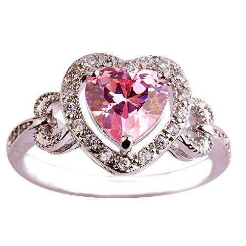 Product Cover Emsione 925 Silver Plated Triple Heart Cut Created Pink Topaz CZ Halo Women Ring Size 7