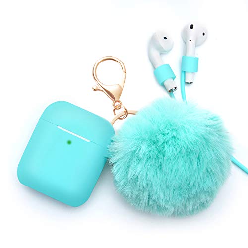 Product Cover Airpods Case - BlUEWIND Drop Proof Air Pods Protective Pom Pom Keychain Case Cover Silicone Skin for Apple Airpods 2 & 1 Charging Case, Cute Fur Ball Airpods Keychain/Strap(Mint Green)