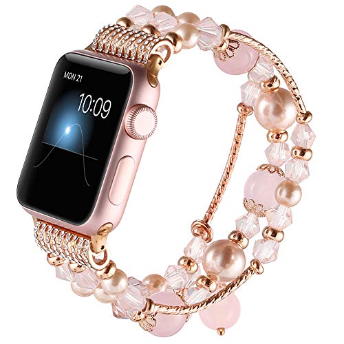 Product Cover Gaishi Band Compatible with Apple Watch 38mm 40mm, Women Girl Elastic Handmade Pearl Bracelet Replacement for 38mm Apple Watch Series 4 3 2 1, Pink