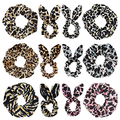Product Cover SUSULU Set of 12 Leopard Velvet Scrunchies Bunny Ear Bow Hair Ties Ponytail Holder (Mix Styles)
