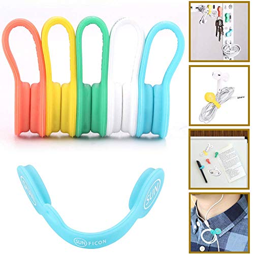 Product Cover SUNFICON Cable Organizers Magnetic Clips Earbuds Cords Winder Bookmark Clips Whiteboard Noticeboard Fridge Magnets USB Cable Manager Ties Straps for Home,Office,School 5 Pack Assorted Light Colors