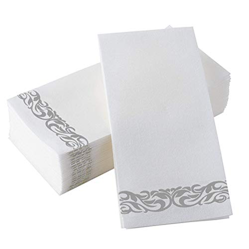Product Cover Gmark Decorative Linen-Feel Guest Towels - Silver Floral Premium Bathroom Hand Towels, Pack of 100-12x17 Inches for Dinner, Wedding and Cocktail Party Disposable Soft & Durable GM1059B
