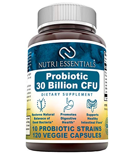 Product Cover Nutri Essentials Probiotic 30 Billion CFU 10 Strains (Non-GMO) Including Acidophilus, plantarum, rhamnosus etc * Supports Digestive & Immune Health * 120 Veggie Capsules
