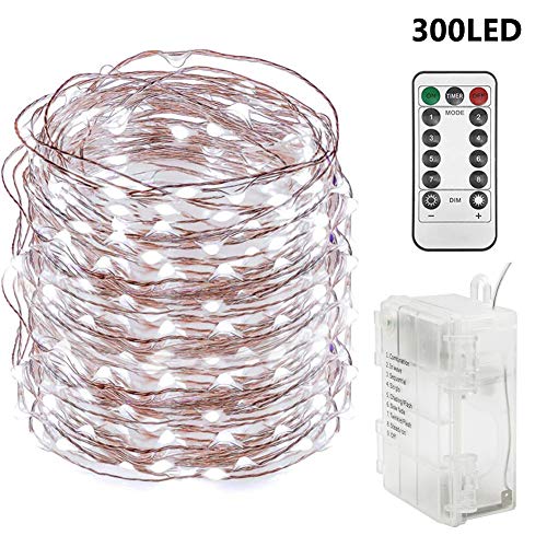 Product Cover Twinkle Star 300 LED 99 FT Copper Wire String Lights Battery Operated 8 Modes with Remote, Fairy String Lights for Indoor Outdoor Home Party Decoration, White