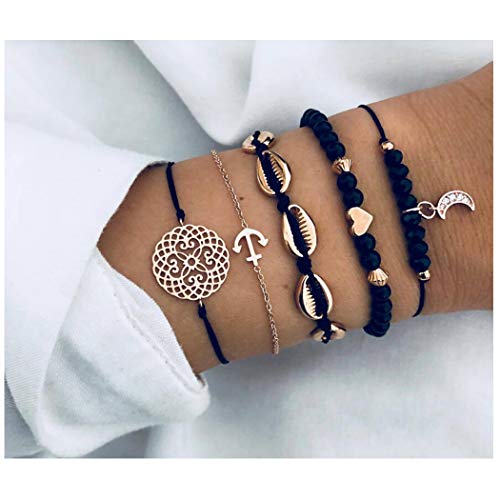 Product Cover Natural Link Chain Bracelet Set Heart Handmade Boho Resin Adjustable Rope Bracelet for Unisex,Pendant Bracelet Five-Piece