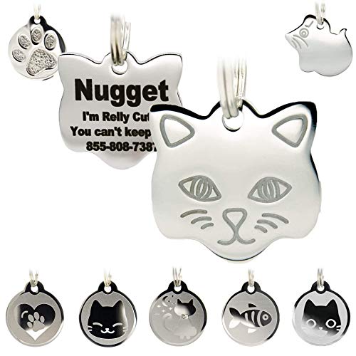 Product Cover Stainless Steel Cat ID Tags - Engraved Personalized Cat Tags Includes up to 4 Lines of Text with Cat Shape