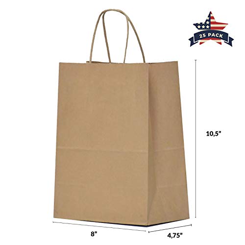 Product Cover Kraft Paper Gift Bags with Handles - 25 Pcs 8x4.75x10.5 inches Brown Shopping Bags, Party Bags, Goody Bags, Cub, Favor Bags, Business Bags, Kraft Bags, Retail Bags