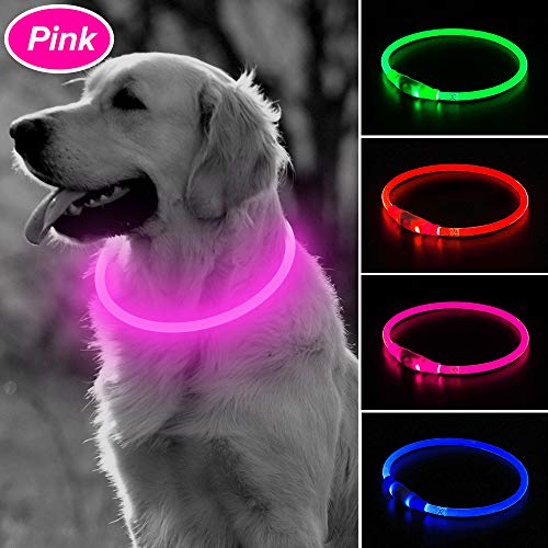 Product Cover BSEEN LED Dog Collar, USB Rechargeable Glowing Pet Collar, TPU Cuttable Dog Safety Lights for Small Medium Large Dogs (Pink-II)