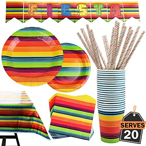 Product Cover 102 Piece Fiesta Party Supplies Set Including Banner, Plates, Cups, Napkins, Tablecloth, Straws, Serves 20