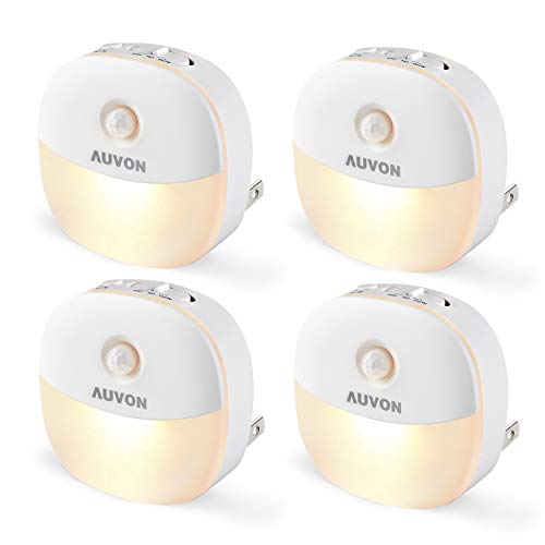 Product Cover AUVON Plug-in LED Motion Sensor Night Light, Mini Warm White LED Nightlight with Dusk to Dawn Motion Sensor, Adjustable Brightness for Bedroom, Bathroom, Kitchen, Hallway, Stairs (4 Pack)